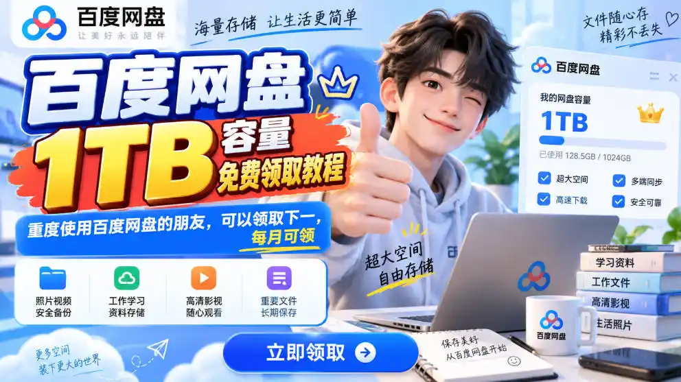 百度网盘1TB容量免费领取教程，重度使用百度网盘的朋友，可以领取下一，每月可领-天梦资源网