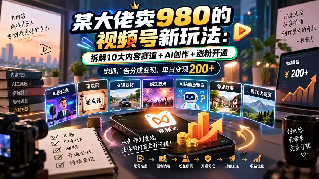 某大佬卖980的视频号新玩法：拆解10大内容赛道+AI创作+涨粉开通，跑通广告分成变现，单日变现200+-天梦资源网