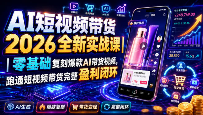 AI短视频带货2026全新实战课｜零基础复刻爆款AI带货视频，跑通短视频带货完整盈利闭环-天梦资源网