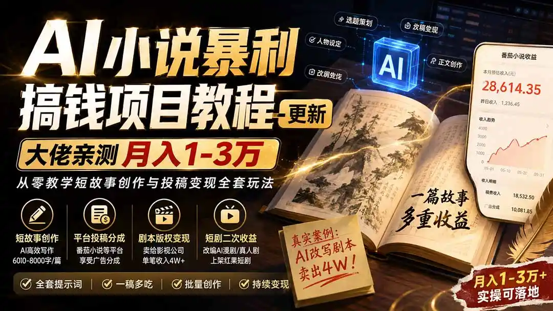 AI小说短故事暴利搞钱项目教程-更新，大佬亲测月入1-3万，从零教学短故事创作与投稿变现全套玩法-天梦资源网