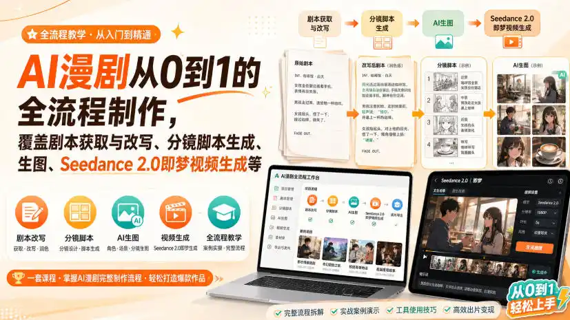 AI漫剧从0到1的全流程制作，覆盖剧本获取与改写、分镜脚本生成、角色场景生图与三视图、Seedance 2.0即梦视频生成(PDF版)-天梦资源网