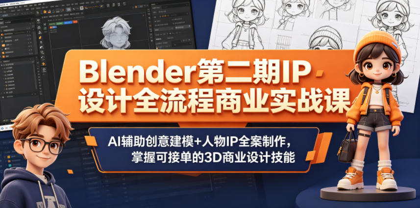 Blender第二期IP设计全流程商业实战课，AI辅助创意建模+人物IP全案制作，掌握可接单的3D商业设计技能-天梦资源网