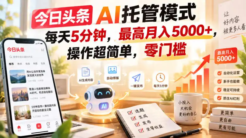 今日头条AI托管模式，每天5分钟，最高月入5000+，操作超简单，零门槛【揭秘】-天梦资源网