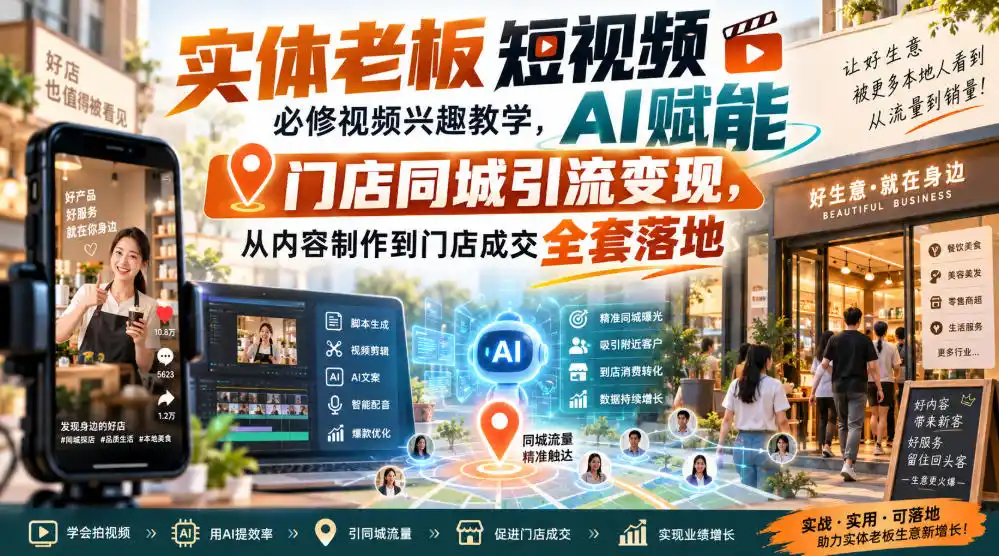 实体老板短视频必修视频兴趣教学，AI赋能门店同城引流变现，AI+短视频+直播打爆实体客流量-天梦资源网