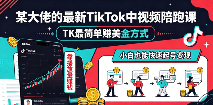 某大佬的最新TikTok中视频陪跑课，TK最简单賺美金方式，靠播放量賺钱，小白也能快速起号变现-天梦资源网