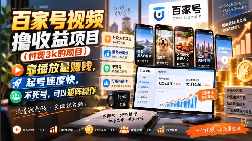百家号视频撸收益项目(付费3k的项目)，靠播放量賺钱，起号速度快，不死号，可以矩阵操作-天梦资源网