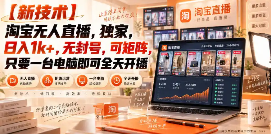 【独家新技术】淘宝无人直播，日入1k+，无封号，可矩阵，只要一台电脑即可全天开播【揭秘】-天梦资源网