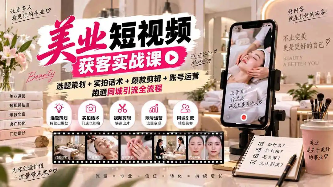 美业短视频获客实战课-无水印：选题策划+实拍话术+爆款剪辑+账号运营，跑通同城引流全流程-天梦资源网
