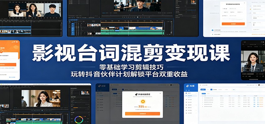 影视台词混剪变现课:零基础学习剪辑技巧,玩转抖音伙伴计划解锁平台双重收益-天梦资源网