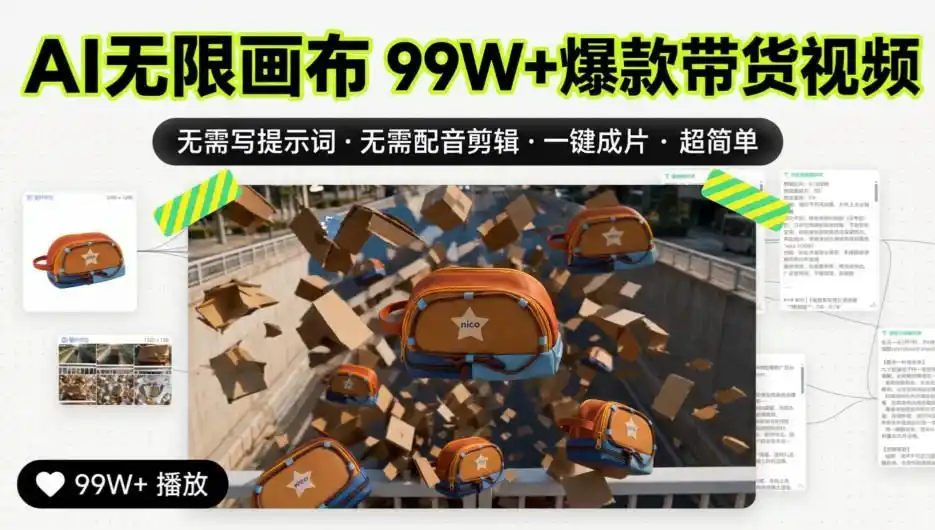 AI无限画布99W+爆款带货视频，无需写提示词·无需配音剪辑·一键成片·超简单-天梦资源网