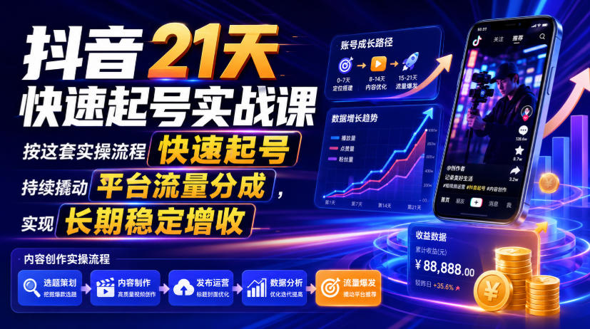 抖音21天快速起号实战课，按这套实操流程快速起号，持续撬动平台流量分成，实现长期稳定增收-天梦资源网
