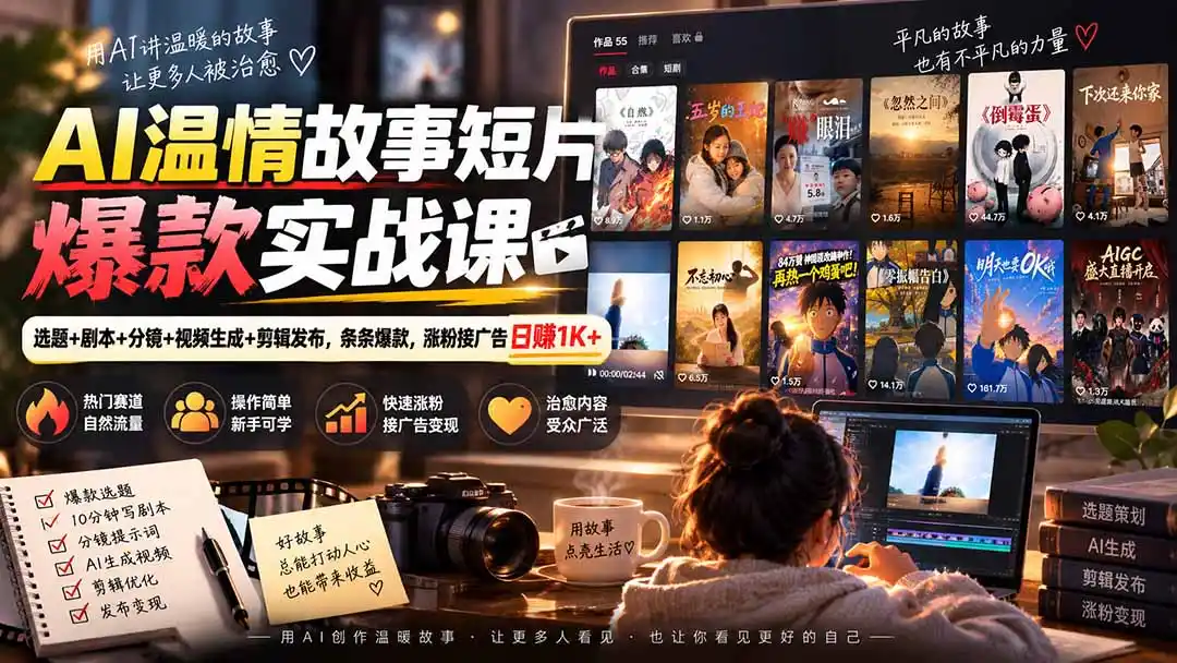 AI温情故事短片爆款实战课-更新｜选题+剧本+分镜+视频生成+剪辑发布，条条爆款，涨粉接广告日赚1K+-天梦资源网