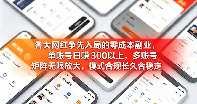 各大网红争先入局的零成本副业，单账号日赚 300 以上，多号矩阵可放大，模式合规长久稳定！-天梦资源网