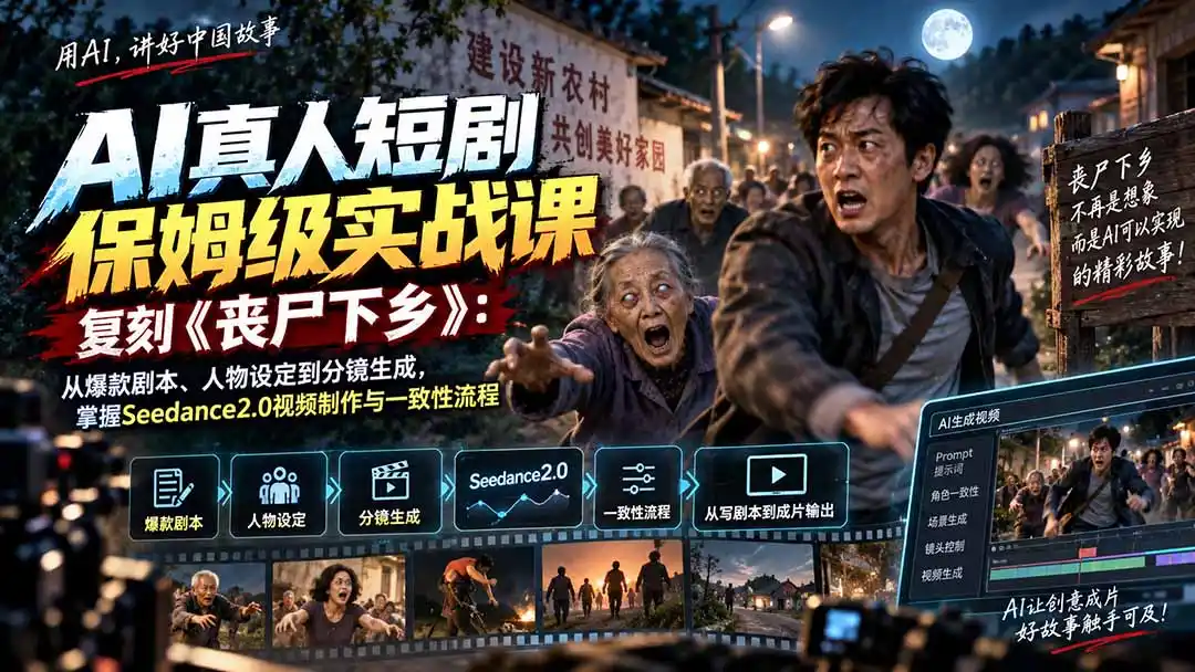 AI真人短剧保姆级实战课，复刻《丧尸下乡》：从爆款剧本、人物设定到分镜生成，掌握Seedance2.0视频制作与一致性流程-天梦资源网