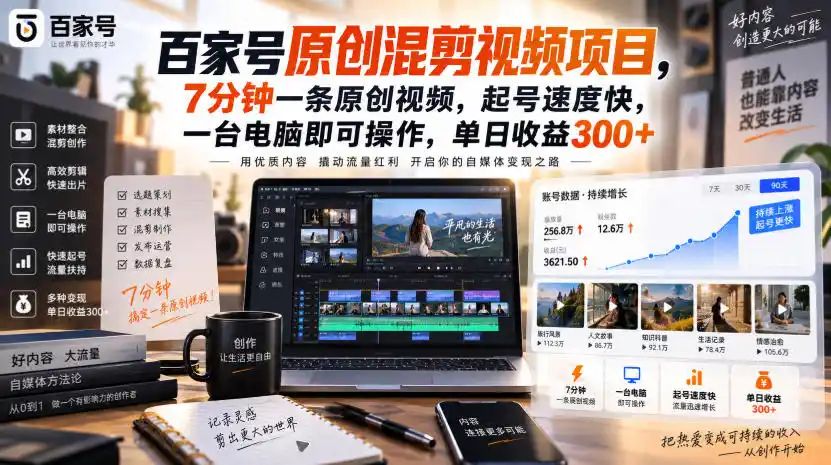 百家号原创混剪视频项目，7分钟一条原创视频，起号速度快，一台电脑即可操作，单日收益300+-天梦资源网