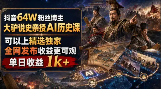 抖音64W粉丝博主大驴说史亲授AI历史课，可以上精选独家，全网发布收益更可观，单日收益1k+(更新)-天梦资源网