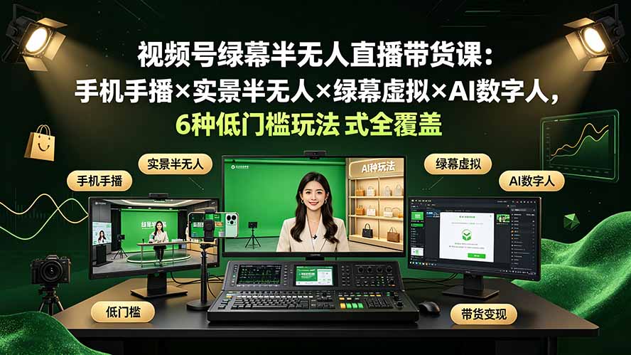 视频号绿幕半无人直播带货课：手机手播×实景半无人×绿幕虚拟×AI数字人，6种低门槛玩法全覆盖-天梦资源网