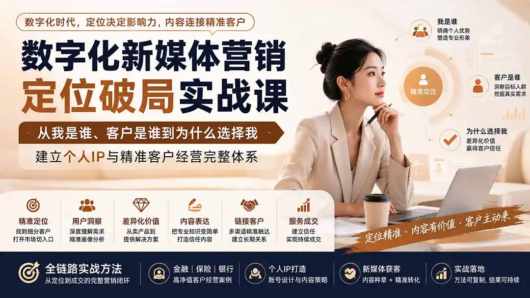 数字化新媒体营销定位破局实战课：从我是谁、客户是谁到为什么选择我，建立个人IP与精准客户经营完整体系-天梦资源网