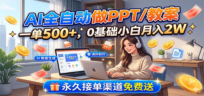 AI全自动做PPT/教案，一单500+，0基础小白月入2W，永久接单渠道免费送-天梦资源网