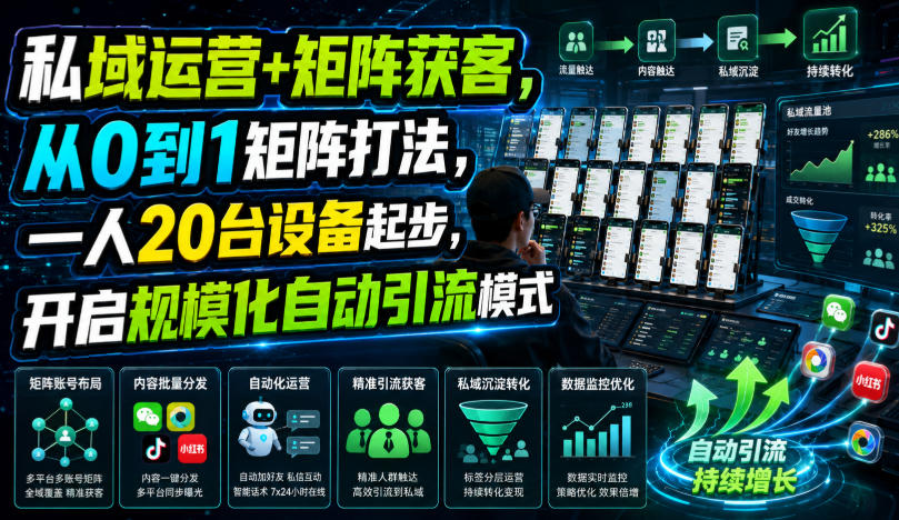 私域运营+矩阵获客，从0到1矩阵打法，一人20台设备起步，开启规模化自动引流模式！-天梦资源网