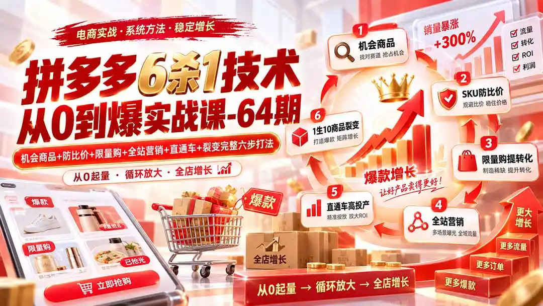 拼多多6杀1技术从0到爆实战课-64期：机会商品+防比价+限量购+全站营销+直通车+裂变完整六步打法-天梦资源网