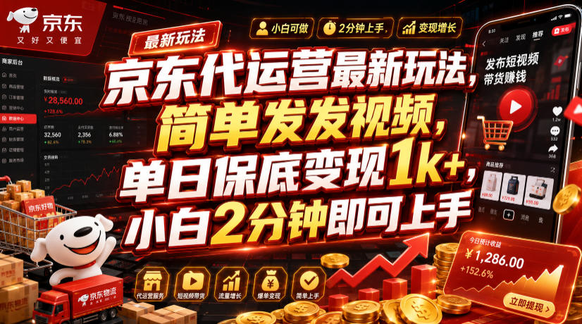 京东代运营最新玩法，简单发发视频，单日保底变现1k+，小白2分钟即可上手【揭秘】-天梦资源网
