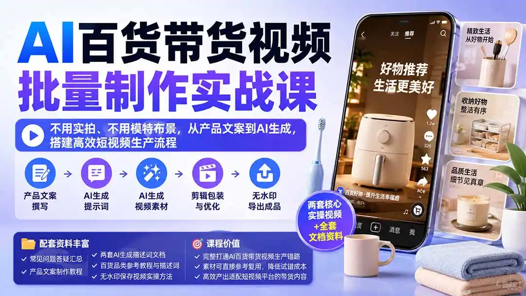 AI百货带货视频批量制作实战课：不用实拍、不用模特布景，从产品文案到AI生成，搭建高效短视频生产流程-天梦资源网