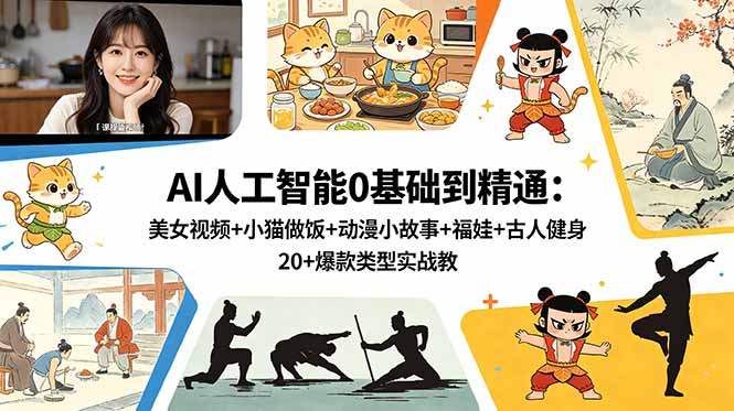 AI人工智能0基础到精通：美女视频+小猫做饭+动漫小故事+福娃+古人健身，20+爆款类型实战教学-天梦资源网