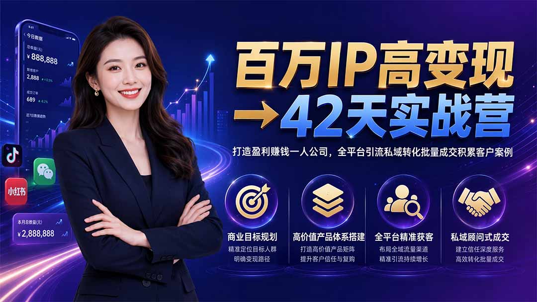 百万IP高变现→42天实战营｜打造盈利赚钱一人公司，全平台引流私域转化批量成交积累客户案例-天梦资源网