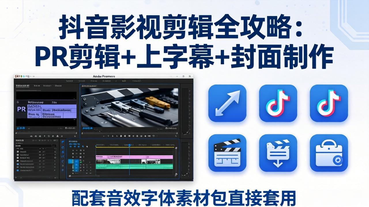 抖音影视剪辑全攻略：PR剪辑+上字幕+封面制作，配套音效字体素材包直接套用-天梦资源网