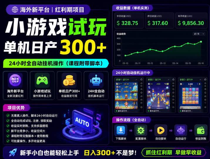 海外新平台，小游戏试玩，单机日产300+，24小时全自动挂G操作(课程附带脚本)【揭秘】-天梦资源网