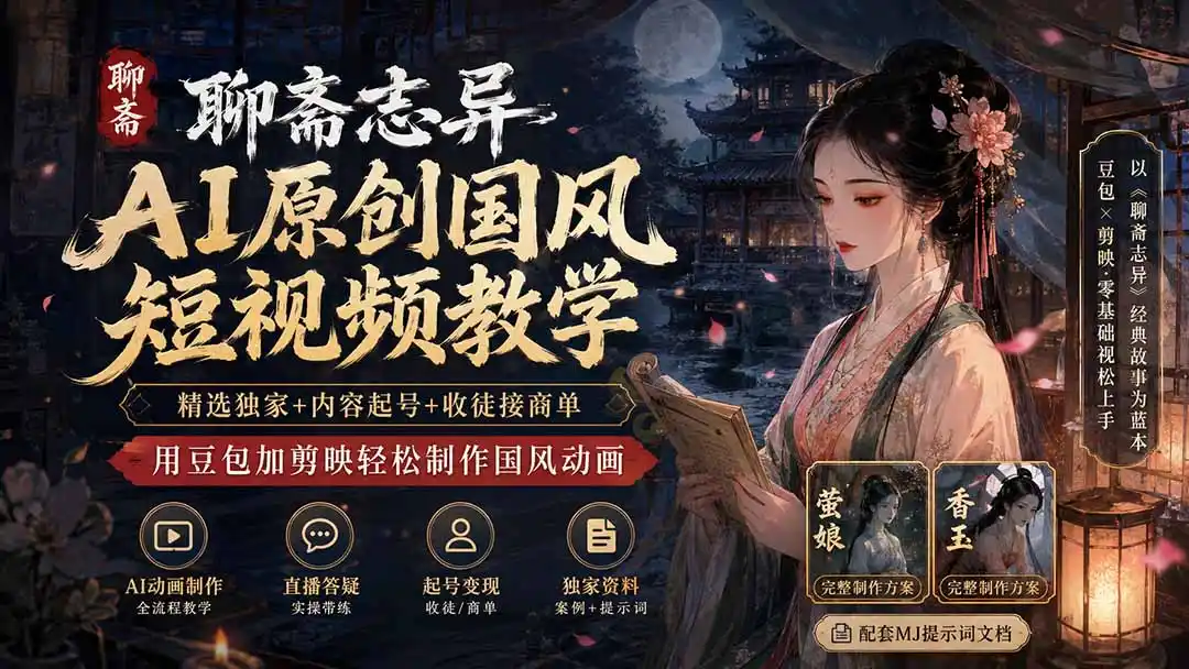 聊斋志异AI原创国风短视频教学-更新；精选独家+内容起号+收徒接商单，用豆包加剪映轻松制作国风动画-天梦资源网
