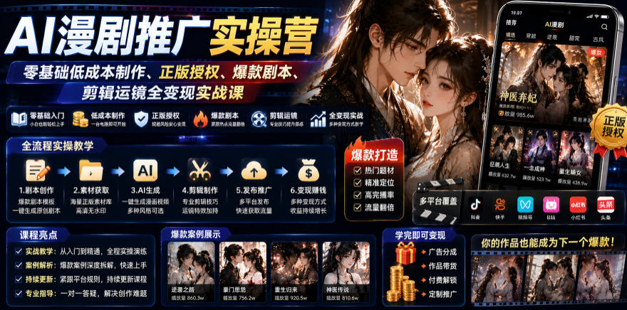 AI漫剧推广实操营｜零基础低成本制作、正版授权、爆款剧本、剪辑运镜全变现实战课-天梦资源网