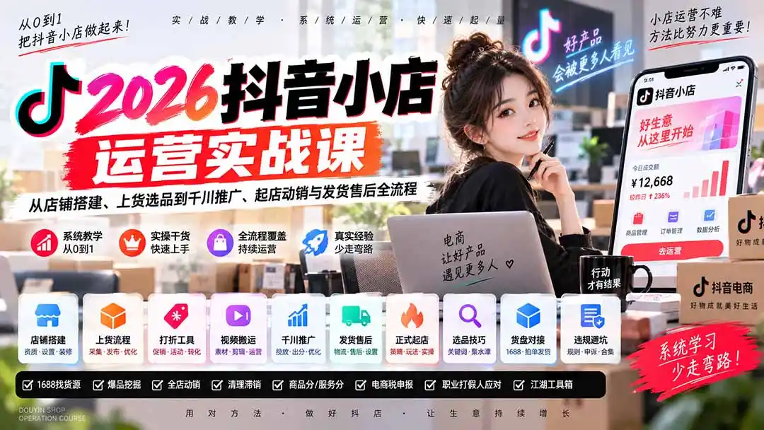 2026抖音小店运营实战课｜从店铺搭建、上货选品到千川推广、起店动销与发货售后全流程-天梦资源网