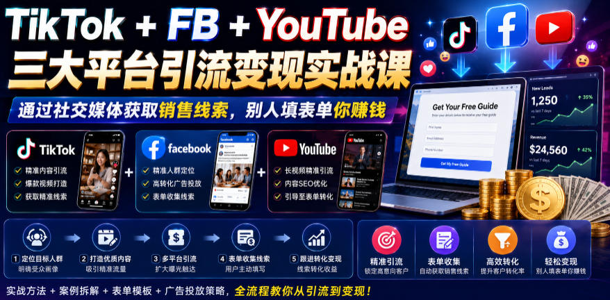 TikTok+FB+YouTube三大平台引流变现实战课，通过社交媒体获取销售线索，别人填表单你賺钱【原创双语字幕】-天梦资源网