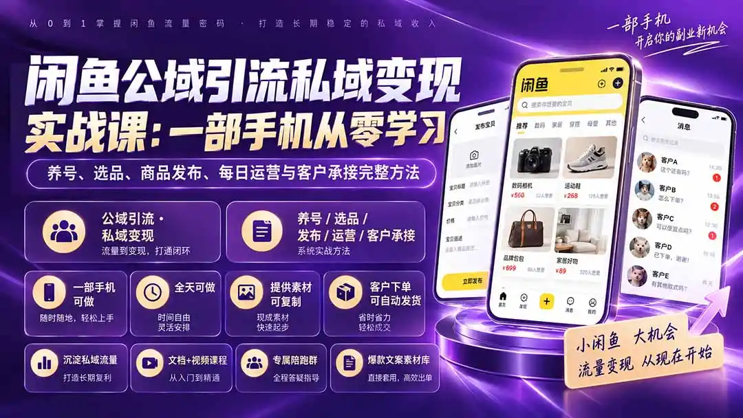 闲鱼公域引流私域变现实战课：一部手机从零学习养号、选品、商品发布、每日运营与客户承接完整方法-天梦资源网