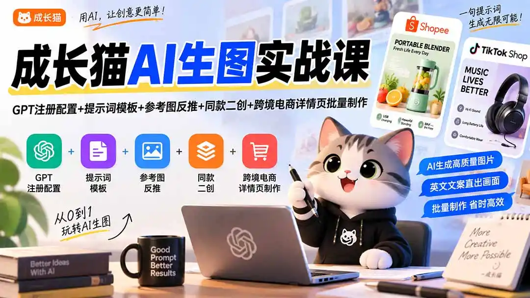 成长猫AI生图实战课｜GPT注册配置+提示词模板+参考图反推+同款二创+跨境电商详情页批量制作-天梦资源网