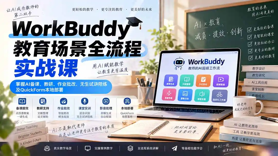 WorkBuddy教育场景全流程实战课：掌握AI备课、教研、作业批改、无生试讲陪练及QuickForm本地部署-天梦资源网