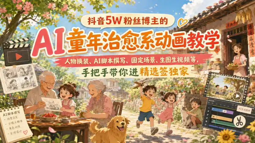 抖音5W粉丝博主的AI童年治愈系动画教学，人物换装、AI脚本撰写、固定场景、生图生视频等，手把手带你进精选签独家-天梦资源网