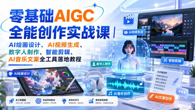 零基础AIGC全能创作实战课｜AI绘画设计、AI视频生成、数字人制作、智能剪辑、AI音乐文案全工具落地教程-天梦资源网