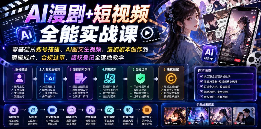 AI漫剧+短视频全能实战课｜零基础从账号搭建、AI图文生视频、漫剧剧本创作到剪辑成片、合规过审、版权登记全落地教学-天梦资源网