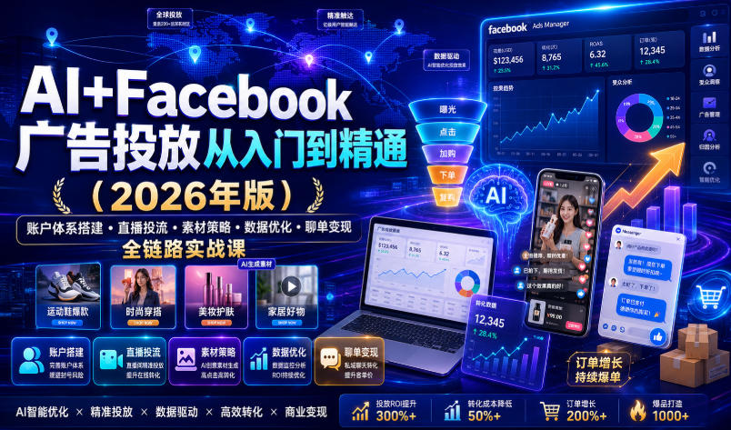 AI+Facebook广告投放从入门到精通(2026年版)｜账户体系搭建・直播投流・素材策略・数据优化・聊单变现全链路实战课-天梦资源网