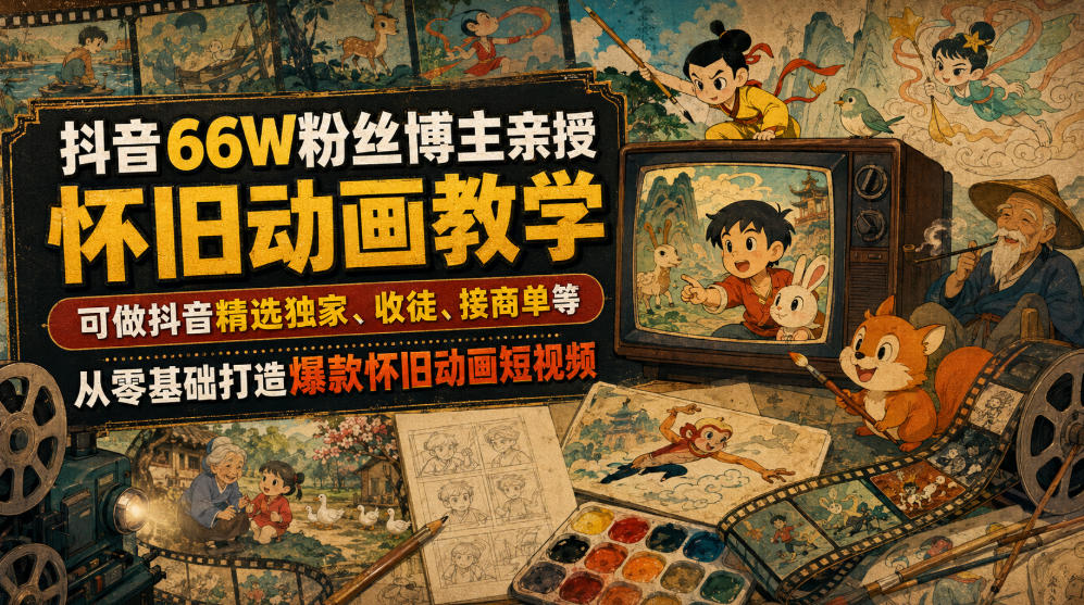 抖音66W粉丝博主亲授怀旧动画教学，可做抖音精选独家、收徒、接商单等，从零基础打造爆款怀旧动画短视频-天梦资源网