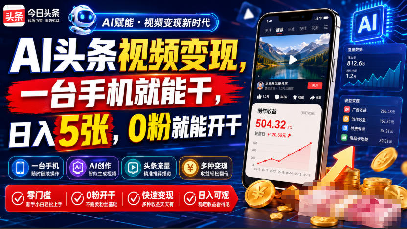 AI头条视频变现，一台手机就能干，日入5张，0粉就能开干-天梦资源网