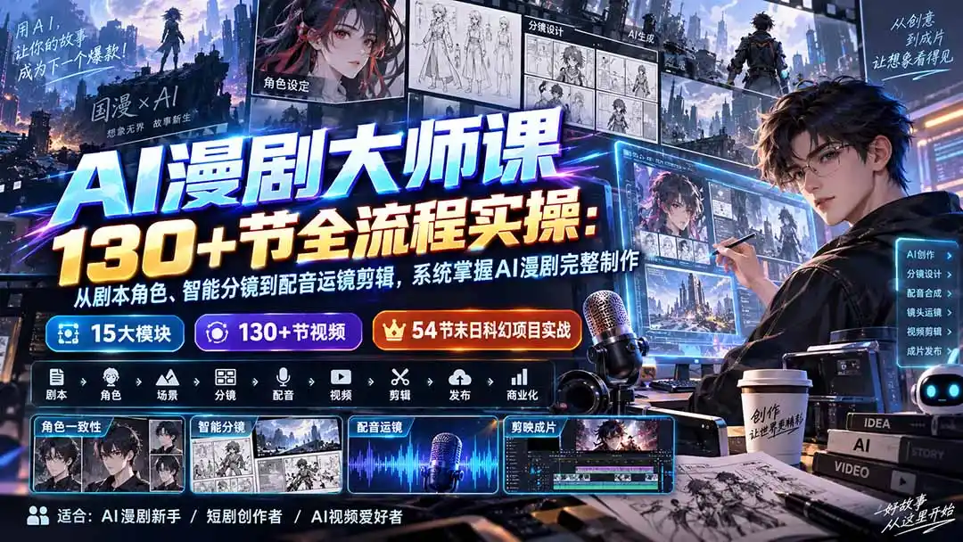 AI漫剧大师课130+节全流程实操：从剧本角色、智能分镜到配音运镜剪辑，系统掌握AI漫剧完整制作-天梦资源网