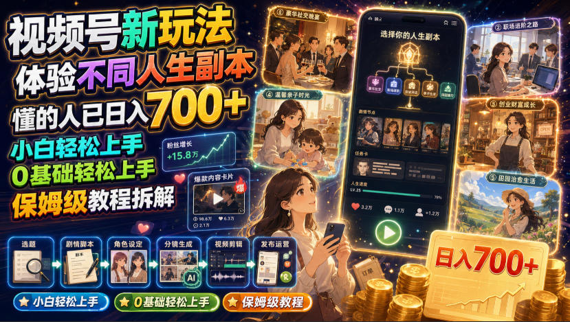 视频号新玩法体验不同人生副本，懂的人已日入700+，小白轻松上手，0基础轻松上手，保姆级教程拆解-天梦资源网