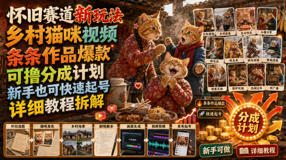 怀旧赛道新玩法，乡村猫咪视频，条条作品爆款，可撸分成计划，新手也可快速起号，详细教程拆解-天梦资源网