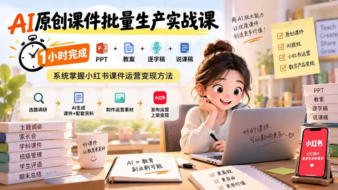 AI原创课件批量生产实战课：1小时完成PPT+教案+逐字稿+说课稿，系统掌握小红书课件运营变现方法-天梦资源网