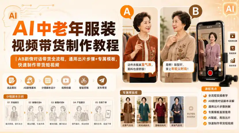 AI中老年服装视频带货制作教程｜AB剧情对话带货全流程，通用出片步骤+专属模板，快速制作带货短视频-天梦资源网
