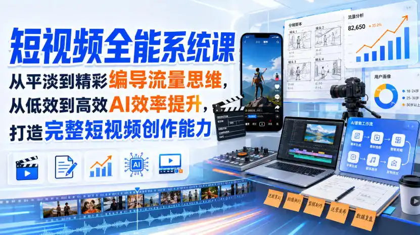 短视频全能系统课，从平淡到精彩编导流量思维，从低效到高效AI效率提升，打造完整短视频创作能力(2026年8月30更新233集)-天梦资源网